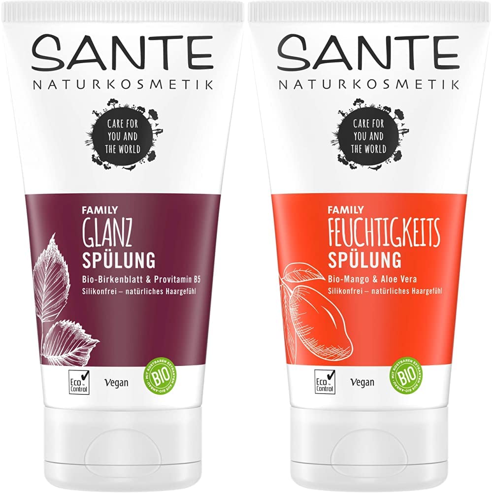 SANTE Naturkosmetik Glanz Spülung Bio-Birkenblatt & Provitamin B5 für weiches Haar, 150ml & Feuchtigkeits Spülung Bio-Mango & Aloe Vera, Intensive Pflege für weiches Haar, 150 ml