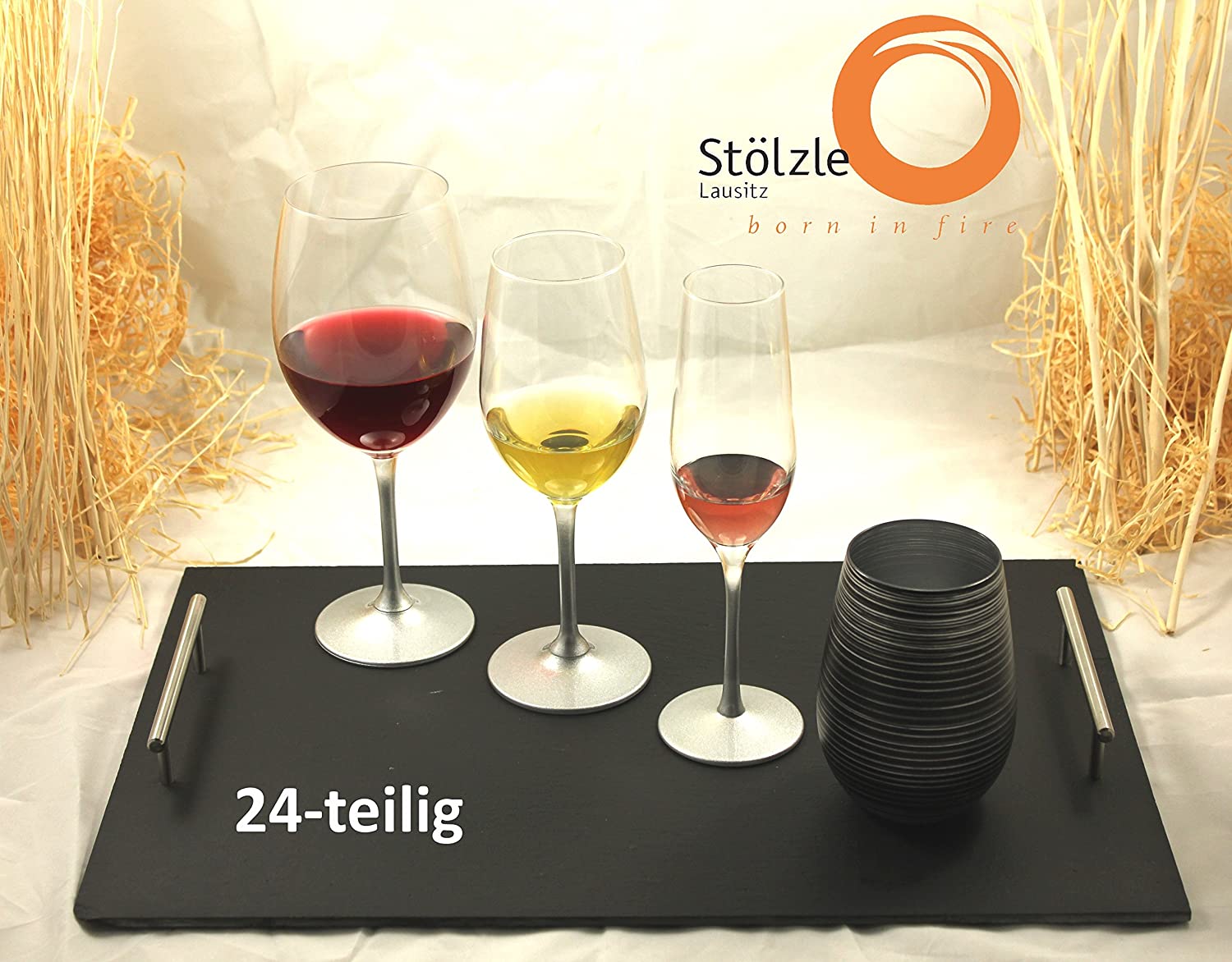 Stölzle Lausitz 24 Piece Glasses Set Silver with 6 Glasses Red Wine White Wine Champagne and Wine Glass, Crystal Glass, 250.617