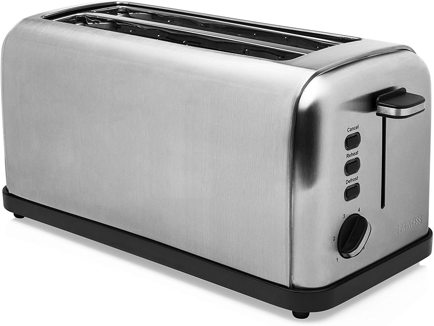 Princess Long slot stainless steel toaster - 6 adjustable browning levels with bun attachment, removable crumb compartment - defrosting, warm-up and stop function, 142389