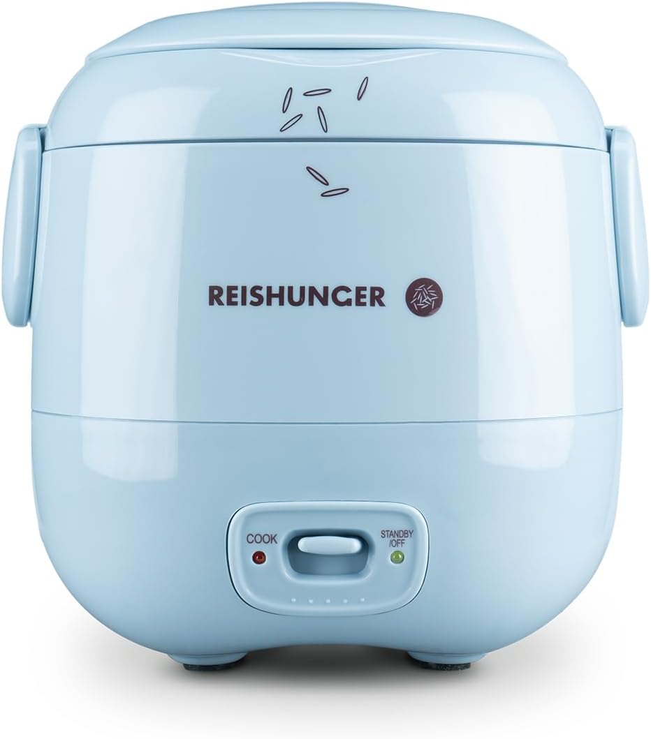 REISHUNGER Mini Rice Cooker, Light Blue, 0.3 L, 1-2 Servings, High-Quality Ceramic Coating, Premium Pot, Handy Size for Small Households and on the Go