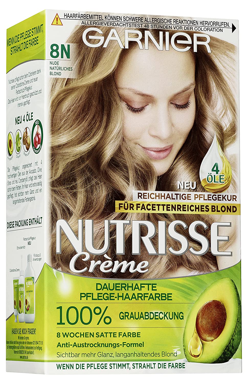 Garnier Nutrisse Cream Colouration Nude Natural Blonde 8N / for Permanent Hair Colour (with 3 Nourishing Oils) - 3 x 1 Piece, ‎8n