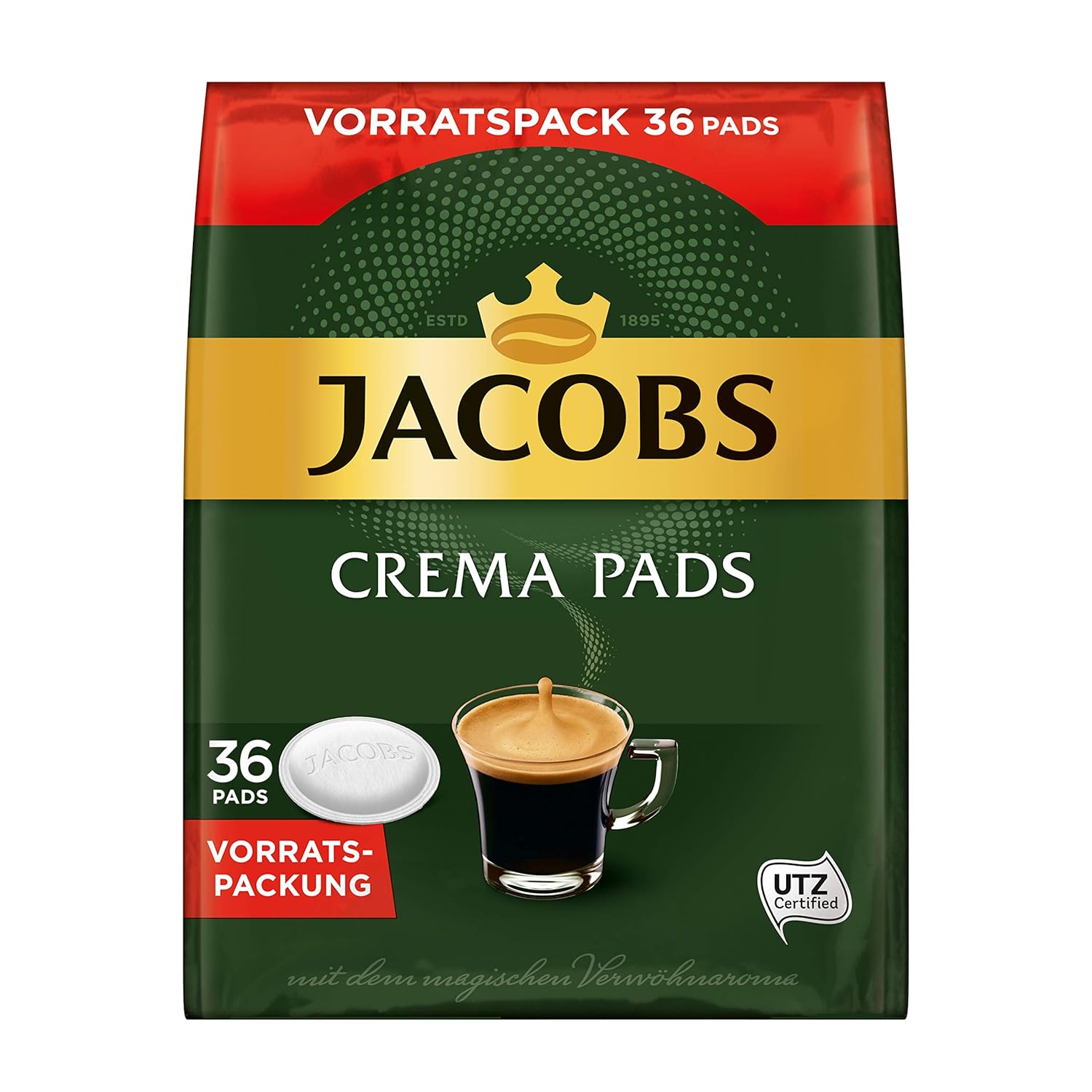 Jacobs Pads Crema Classic, 180 Senseo Compatible Coffee Pods, UTZ Certified, Pack of 5, 5 x 36 Drinks