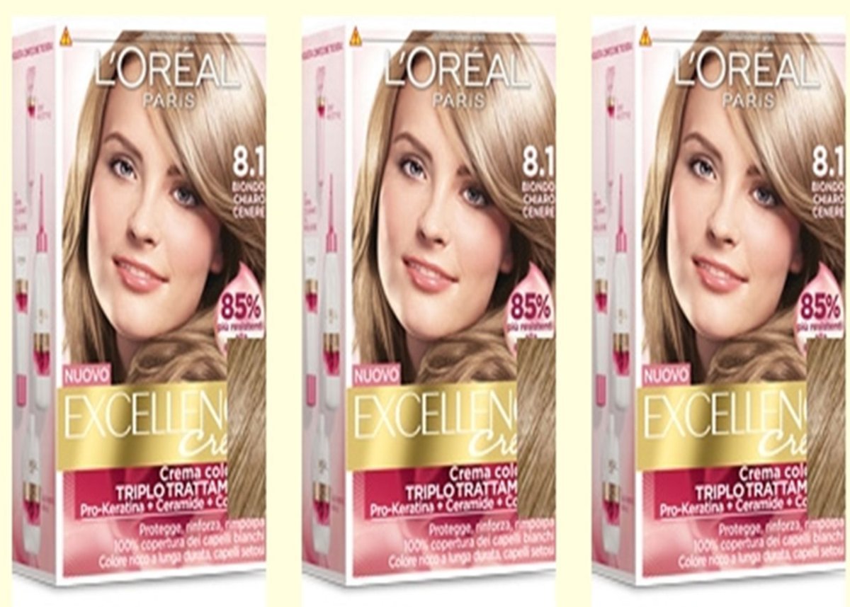 3 x Die L\'Oreal Excellence Cream 8.1 Light Blonde Ash Colouring Dye, ‎biondo chiaro.