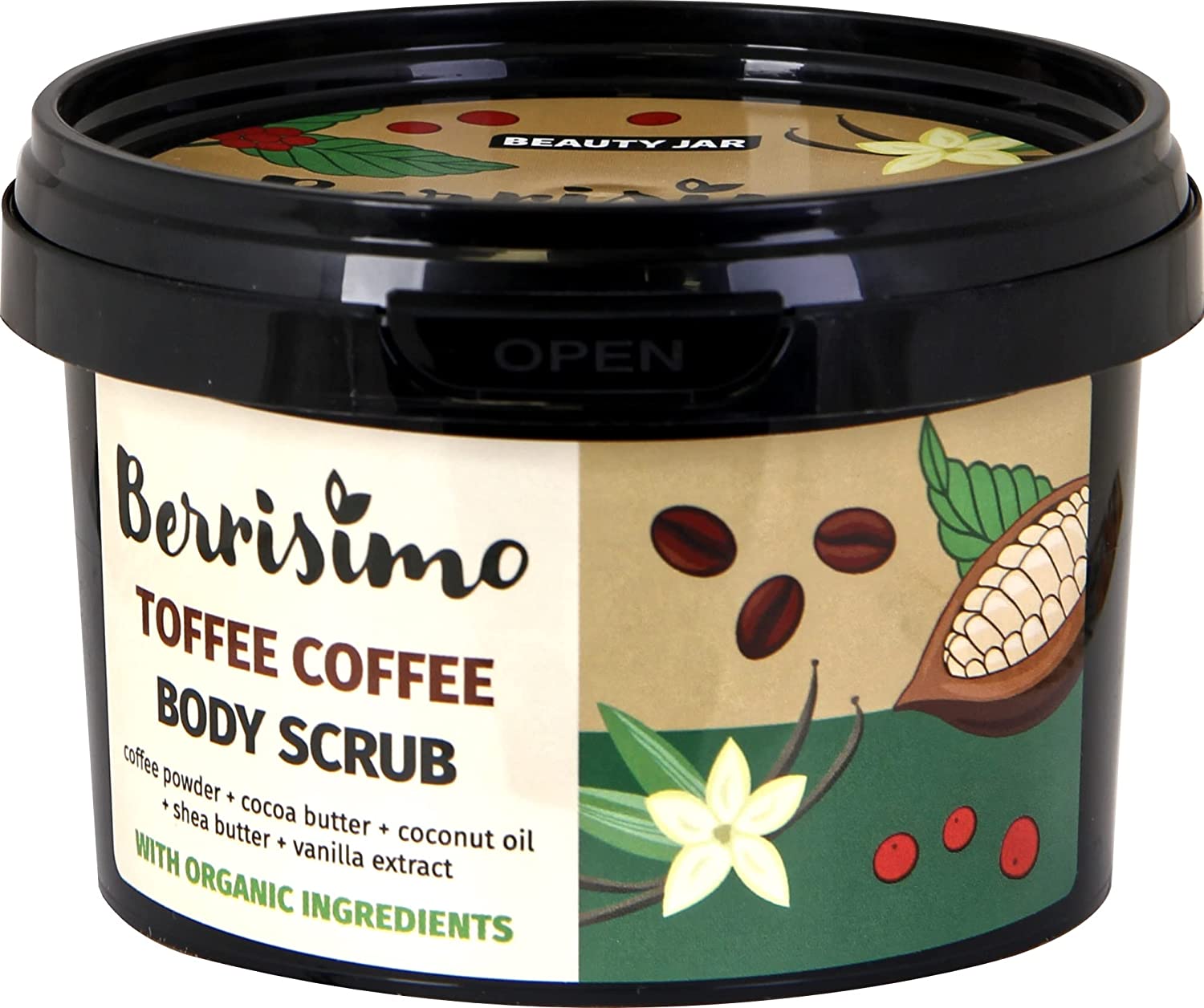 Beauty Jar BERRISIMO Toffee Coffee Body Scrub 350 g - Exfoliating Particles, Nourishing, Radiant Skin Effect - Coffee Powder, Cocoa Butter, Coconut Oil, Shea Butter, Vanilla Extract