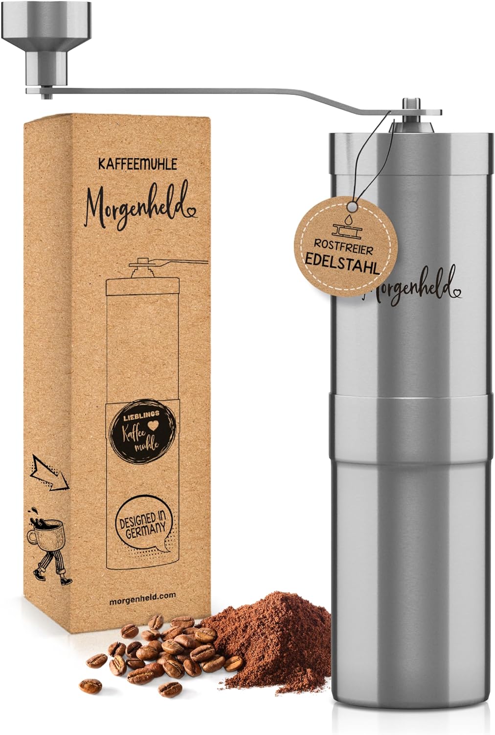 Morgenheld Manual Coffee Grinder with Continuous Ceramic Grinder - Coffee Grinder Conical Grinder Made of Stainless Steel, Hand Coffee Grinder for All Coffee Preparation Types