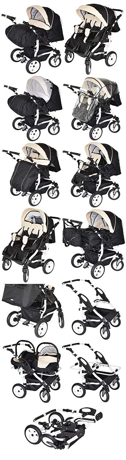 Adbor Duo 3-in-1 Twin Pushchair with Baby Seats - White Frame, Twin Pram / Twin Buggy Colour No. 01w Black / Orange