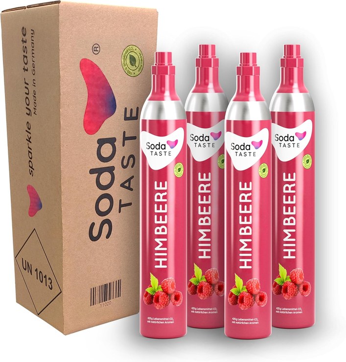 SodaTASTE CO2 Buying Cylinder 4 Pack (Reserve Cylinder) for Water Carbonators with Natural Raspberry Flavor, No Syrup, for up to 240 Liters of Sparkled Water with Flavor, Sugar-Free