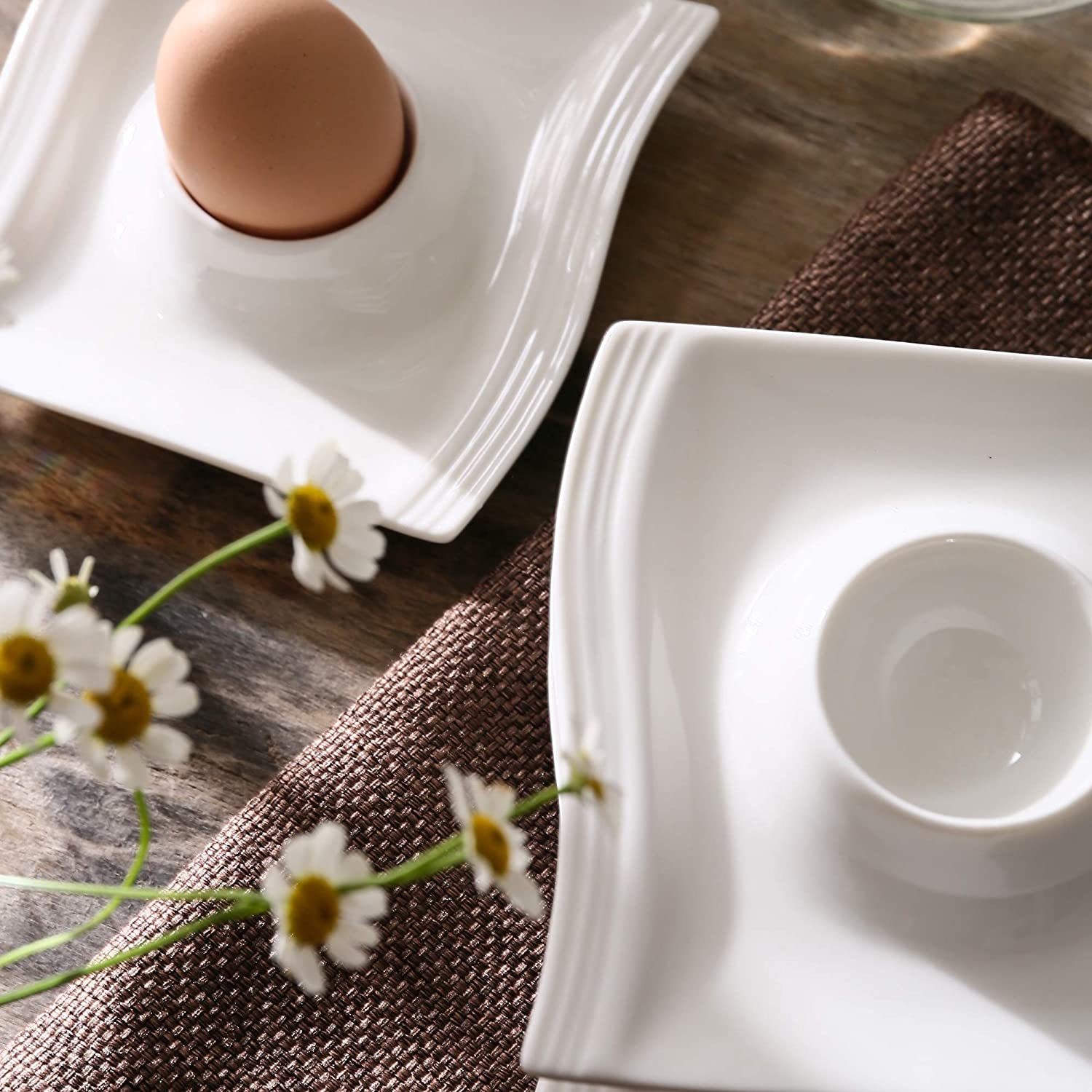 MALACASA, Flora Series 12-Piece Cream White Porcelain Egg Stand Set 4.5 Inches / 11.5 x 11.5 x 2 cm Egg Cup Egg Holder