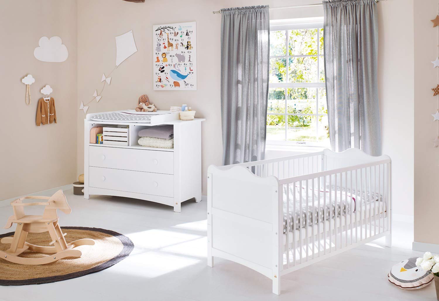 Pinolino Florentina Cot Bed with Slatted Frame and Changing Table Including Changing Unit for Babies and Toddlers White Décor