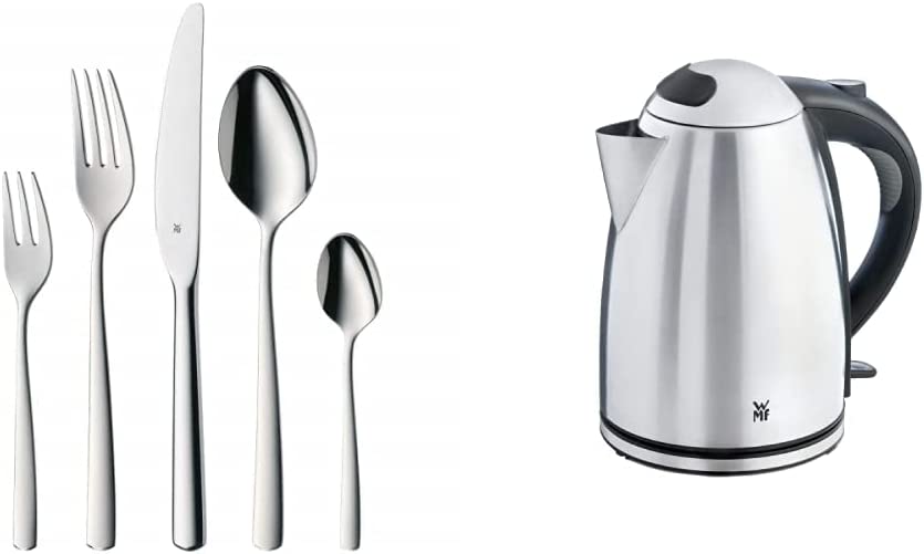 WMF Boston Stainless Steel Cutlery Set for 6 People & Stelio Kettle Stainless Steel 1.7 L Electric Kettle with Limescale Filter 2400 W Illuminated Water Level Indicator Matte Stainless Steel