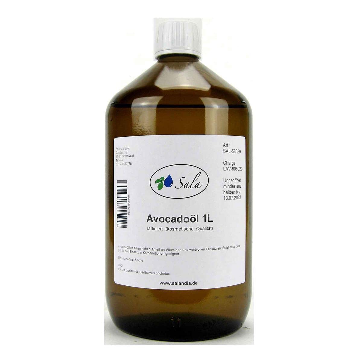 Sala Avocado Oil Refined Cosmetic Quality 1000 ml (1 Litre Glass Bottle)