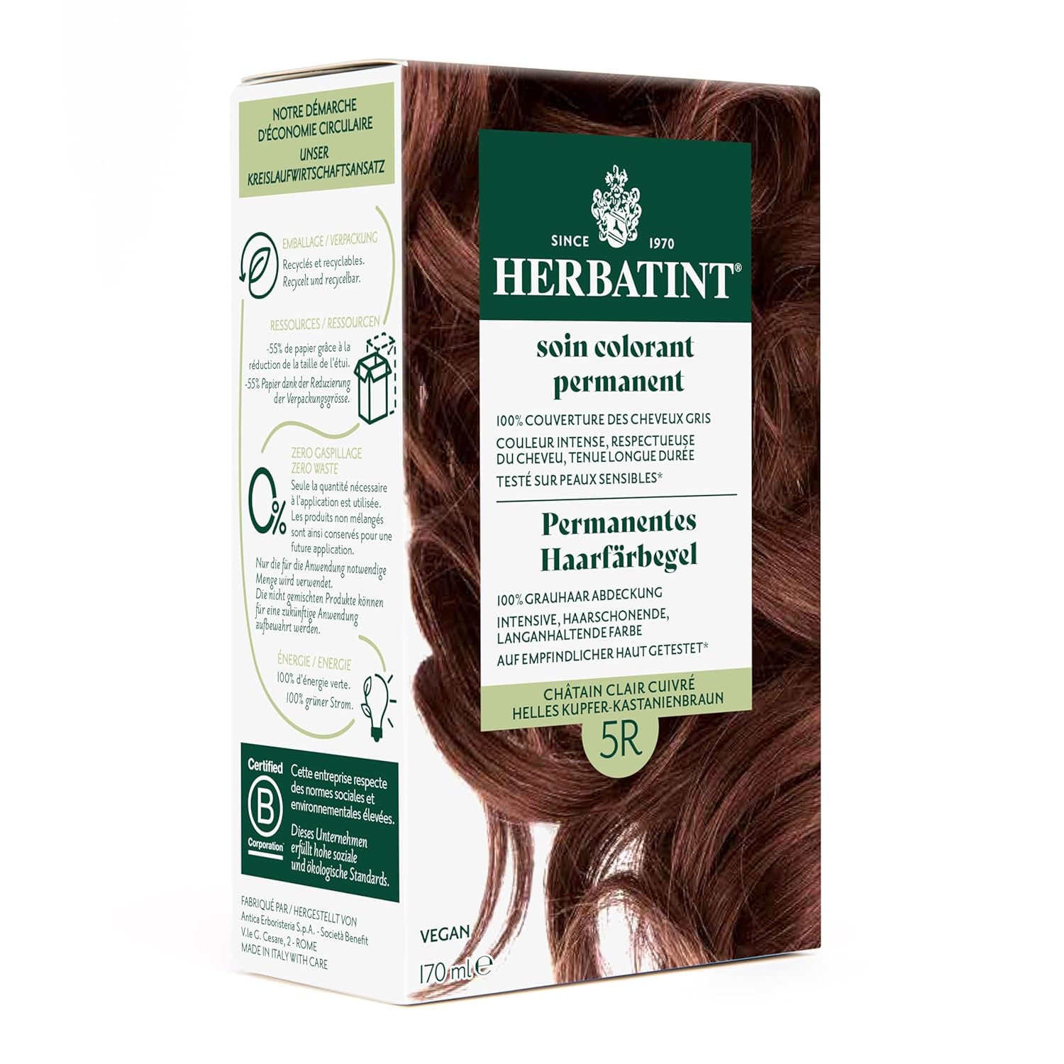 Herbatint Permanent Hair Dye Gel 5R Light Copper - Chestnut Brown - 170 ml I No Ammonia, Optimal Gray Hair Coverage I Tested for Sensitive Skin with 8 Plant Extracts