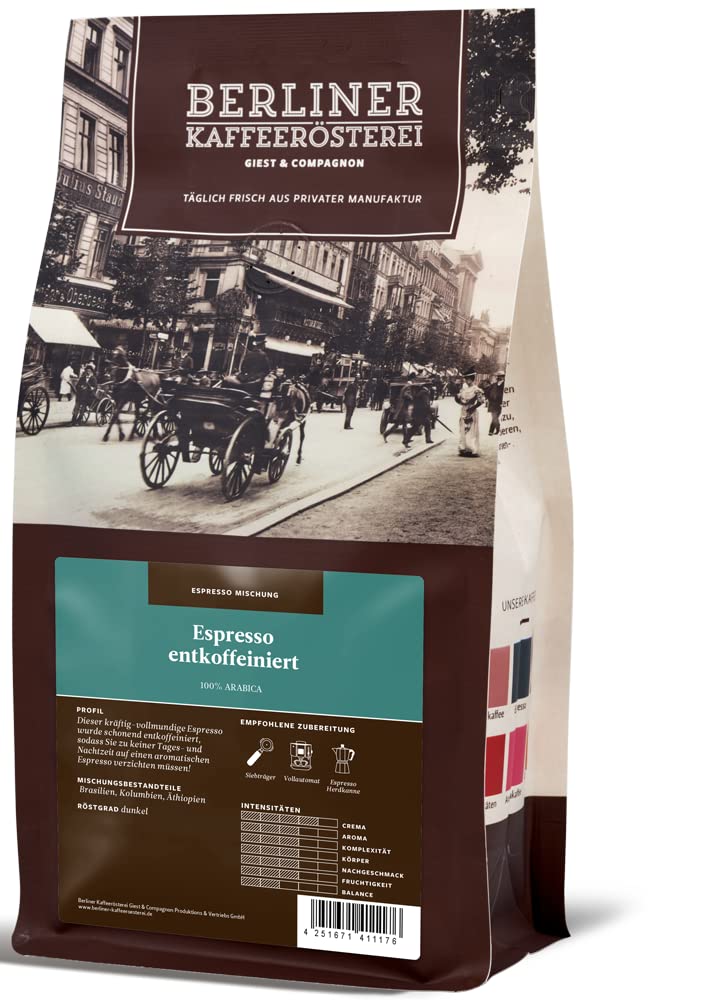 Berliner Kaffeeroastei Espresso Decaffeinated (1000 g / Whole Bean), Roasting Degree Coffee: Dark, 100% Arabica Beans, Aroma Profile: Sweet/Spicy