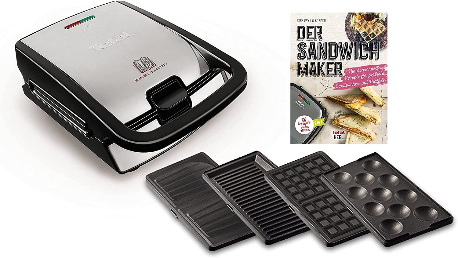 Tefal Snack Collection Sandwich Toaster Waffle Iron with Recipe Book, Dishwasher Safe & Removable Plates, Non-Stick Coating, 700 Watt, Stainless Steel, Heat-Insulated Handles, Non-Slip Feet