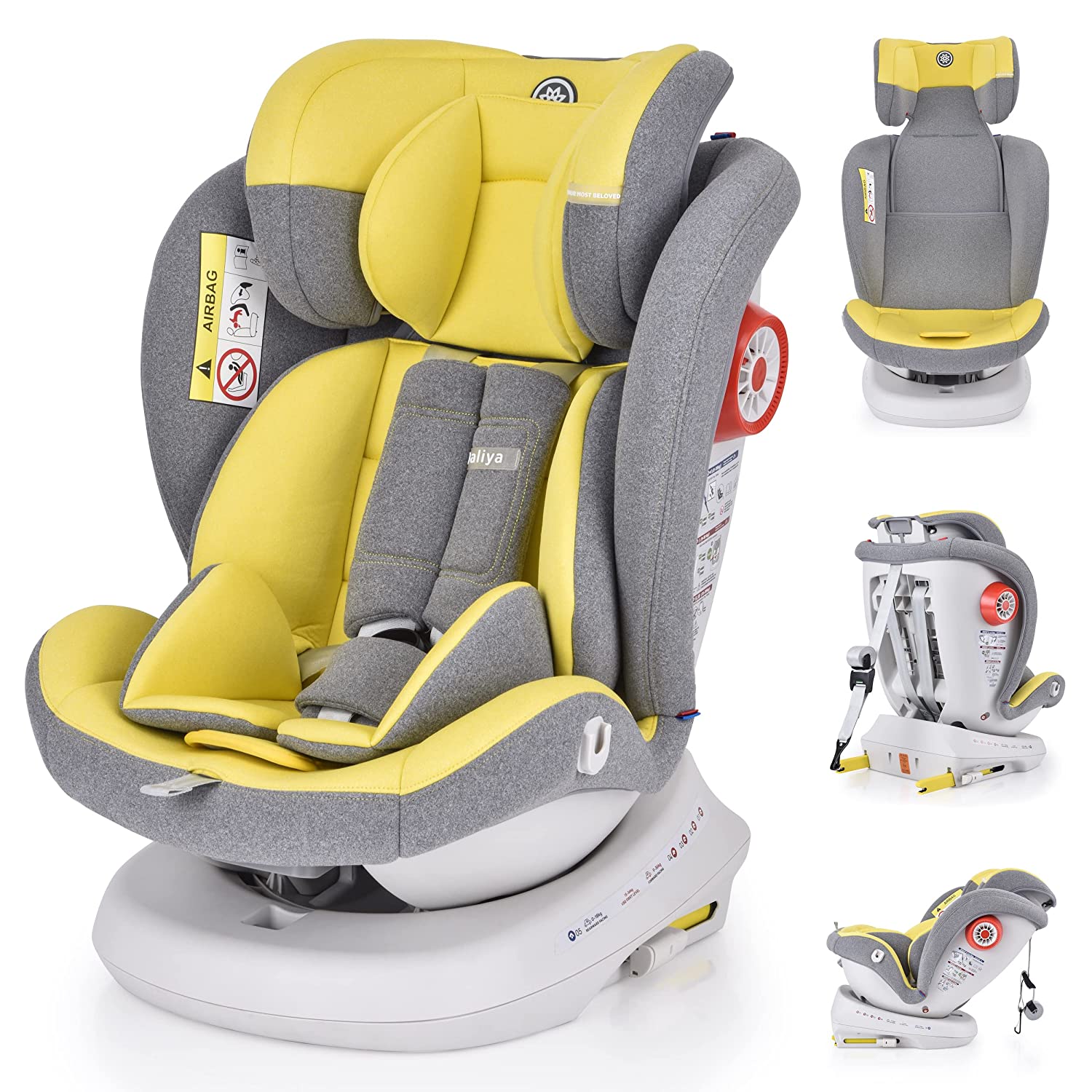 Daliya® ROTAZIONE Child Seat 0-36 kg with Isofix - Side Impact Protection (SIP) - Top Tether - 360° Rotation - 5-Point Harness - Drink Holder - Sun Cover - Baby Car Seat Group 0+ / I/II / III (Yellow)