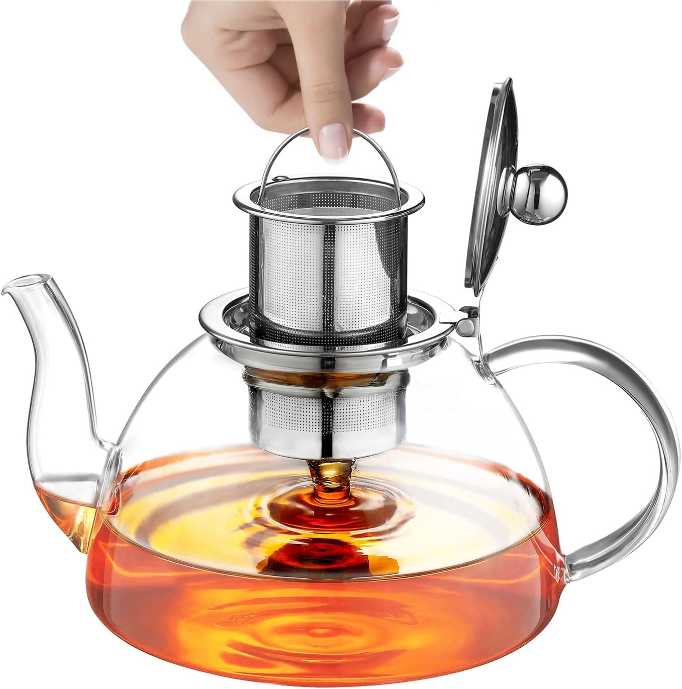 Ehugos Glass Teapot with Strainer Insert, 1300 ml, Made of Borosilicate Glass, Glass Jug and Glass Lid, Dishwasher Safe