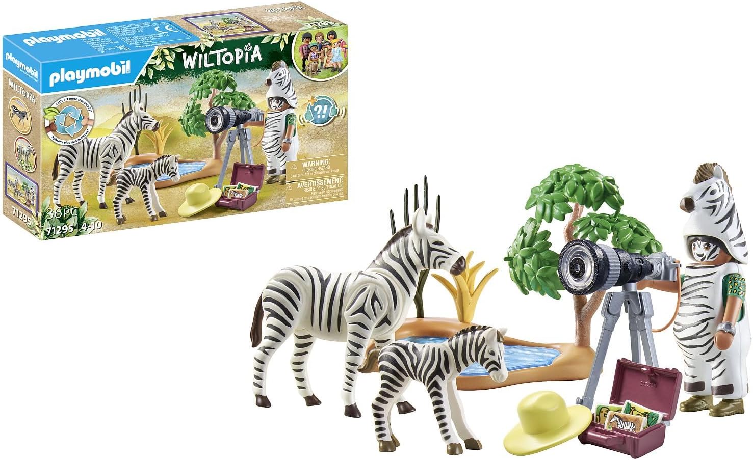 PLAYMOBIL Wiltopia 71295 On the Go with the Animal Photographer, with the Camera on an unforgettable journey through the wilderness, frog of the zebras, toy for children from 4 years