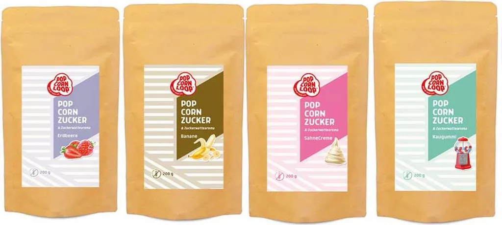 4-pack popcorn and cotton candy sugar | Strawberry 200g | Banana 200g | Bubble gum 200g | Cream 200g