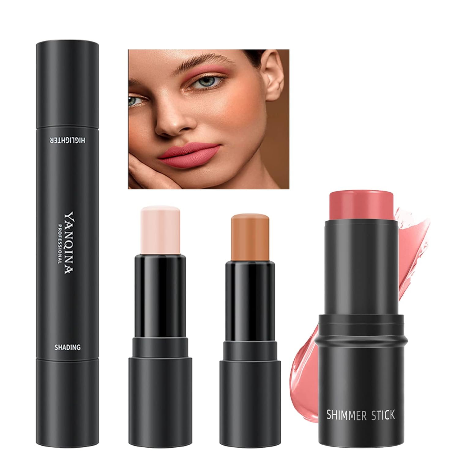 Double Head + Single Head Cream Blush Stick Makeup for Cheeks, Natural Matte Lip and Cheek Makeup Stick Stick for Mature Skin, Long Wearing, Easy to Use (2 Pieces)
