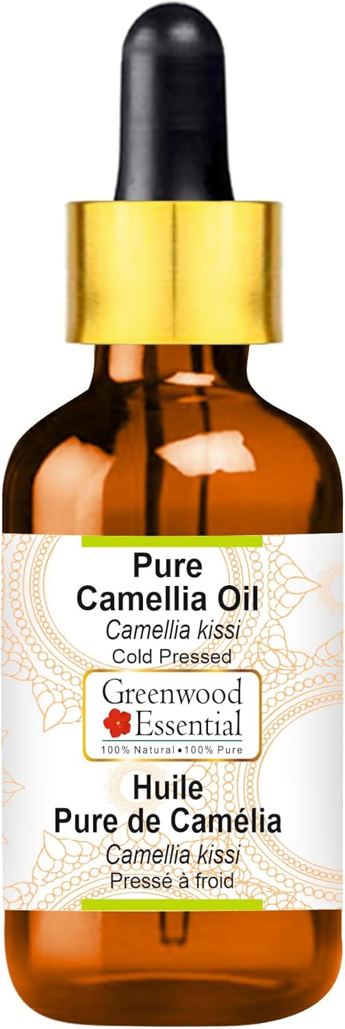 Greenwood Essential Pure Camellia Oil (Camelia Kissi) with Glass Dropper Natural Therapeutic Quality Cold Pressed 50 ml (1.69 oz)