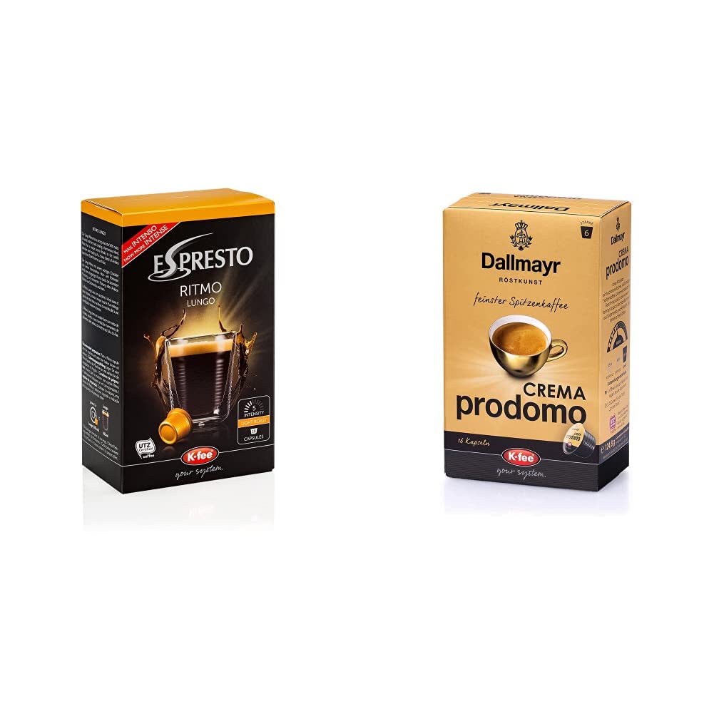 ESPRESTO Ritmo Lungo Coffee Capsules Strength 5, K-fee System, Pack of 6 (6 x 124 g) & Dallmayr CREMA Prodomo Coffee Capsules, Compatible with Tchibo Cafissimo(R) *, Pack of 6 (6 x 16 Pieces)