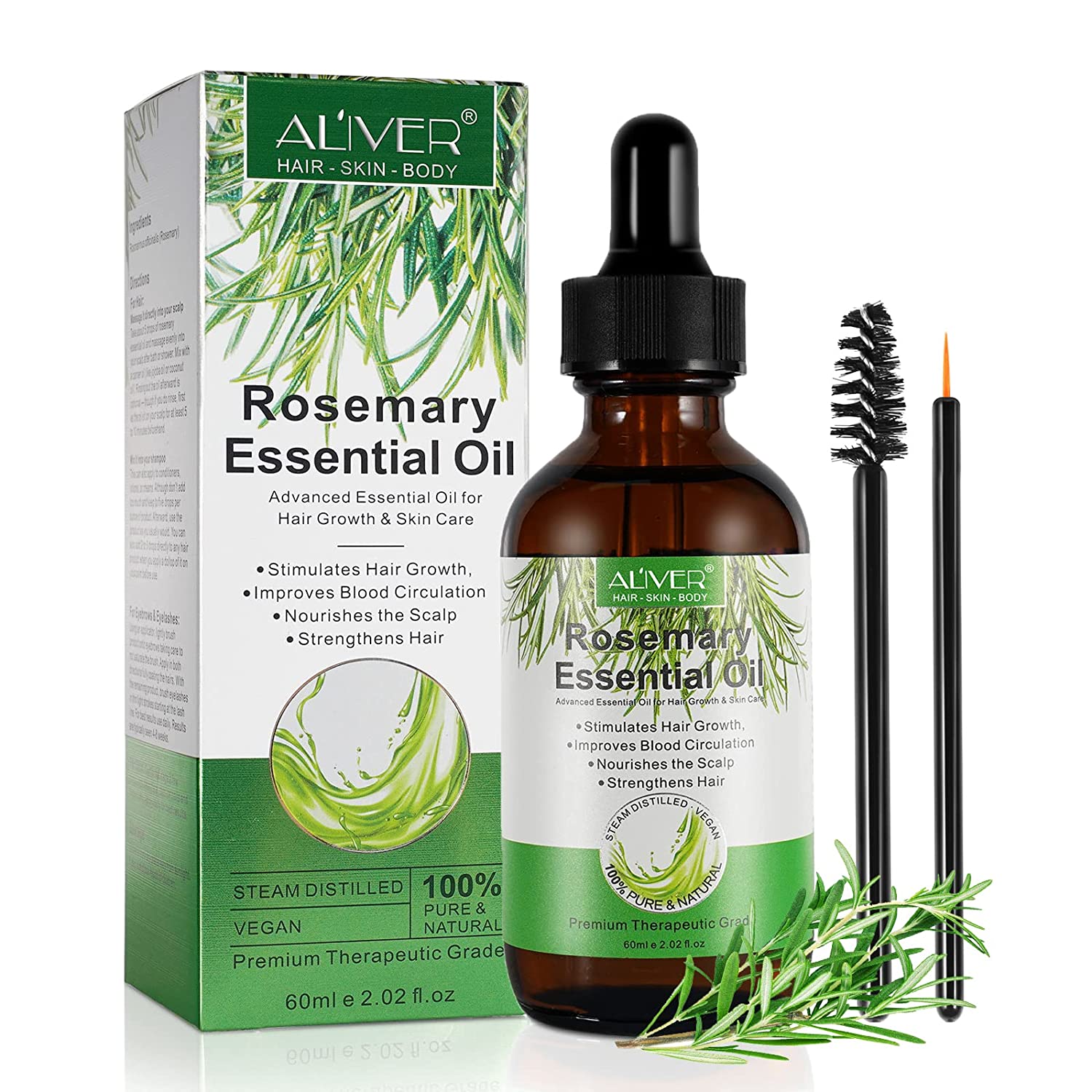 bieyoc Rosemary Oil for Scalp and Hair (60 ml), Rosemary Essential Oil for Hair Growth, Strengthening for Healthy Hair Growth, 100% Natural Pure Essential Rosemary Oil for Skin Care, ‎green