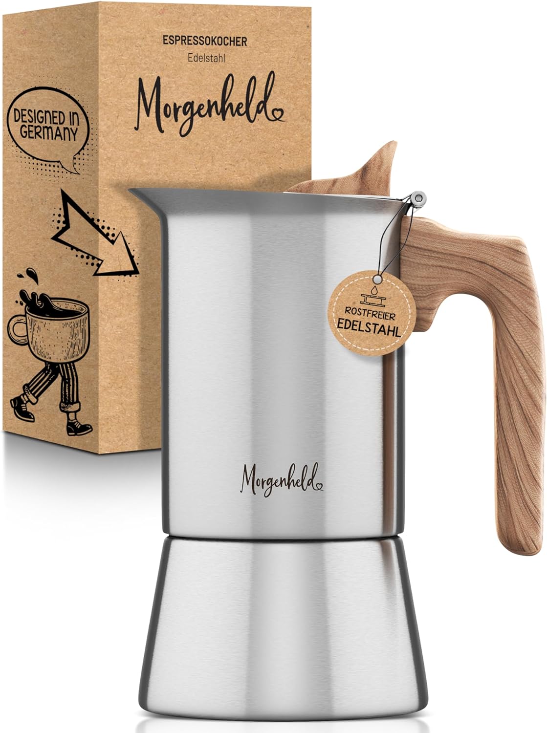 Morgenheld Espresso Maker for 4 Cups [200 ml] Made of Rustproof Stainless Steel - Mocha Pot, Espresso Jug Suitible for All Hob Types - Dishwasher Safe