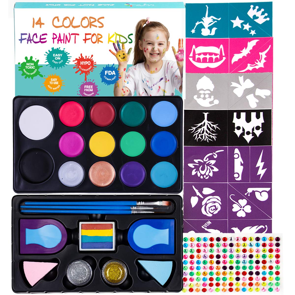 Maydear Kids Makeup Set with 14 Colors Safe and Non-Toxic Large Water Based Face Paint 52 Stencils 160 Gemstones 2 Hair Chalks 2 Glitter