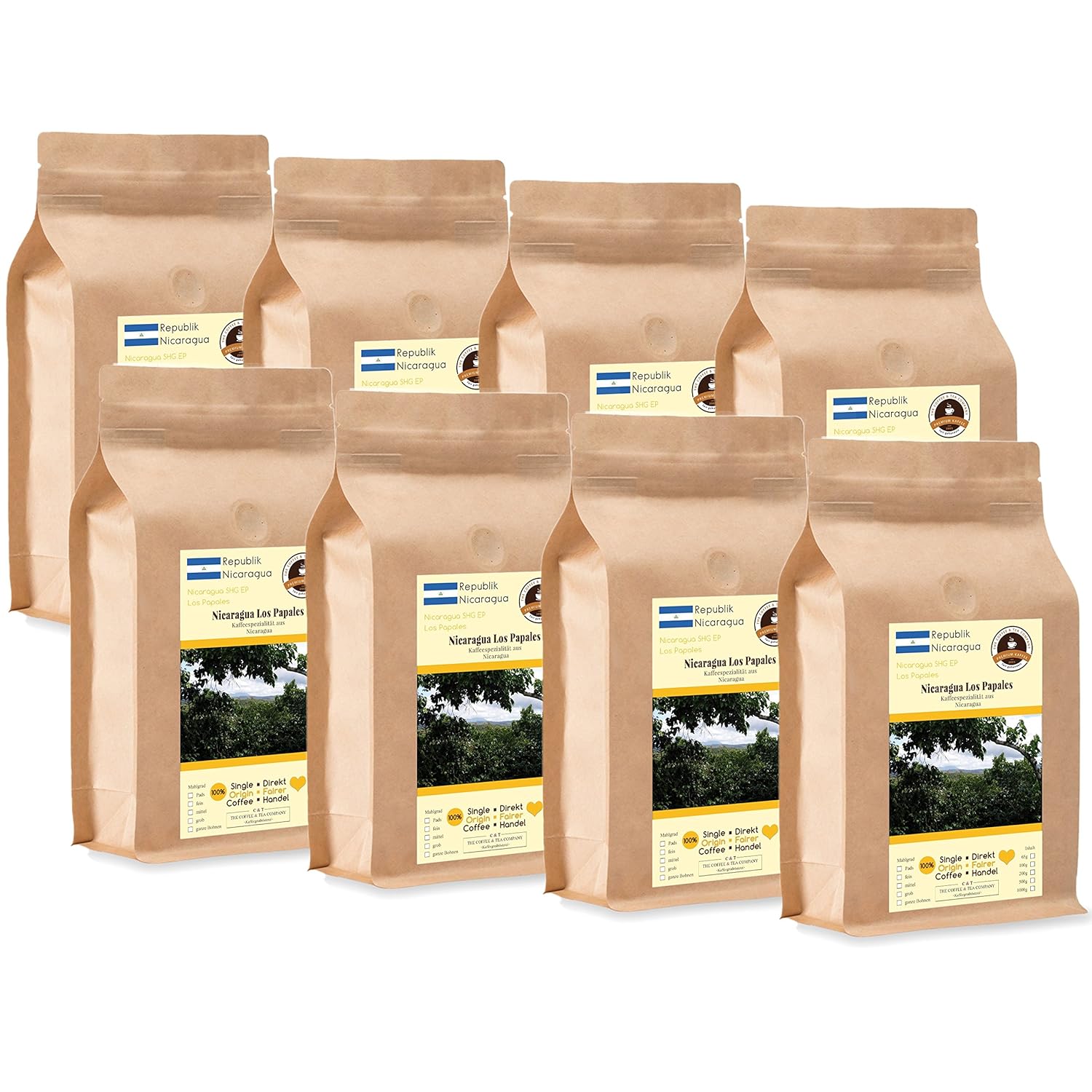 Coffee Globetrotter - Coffee with Heart - Nicaragua Los Papales - 8 x 1000 g Very Fine Ground - for Fully Automatic Coffee Grinder - Roasted Coffee Fair Trade | Gastropack Economy Pack