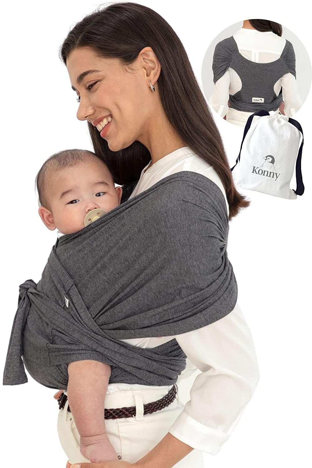 Konny Baby Carrier | Ultra-Light, Easy Swaddle | Newborns, Infants up to 20 kg Toddlers | Soft and Breathable Fabric | Useful Sleep Solution (Anthracite, L)