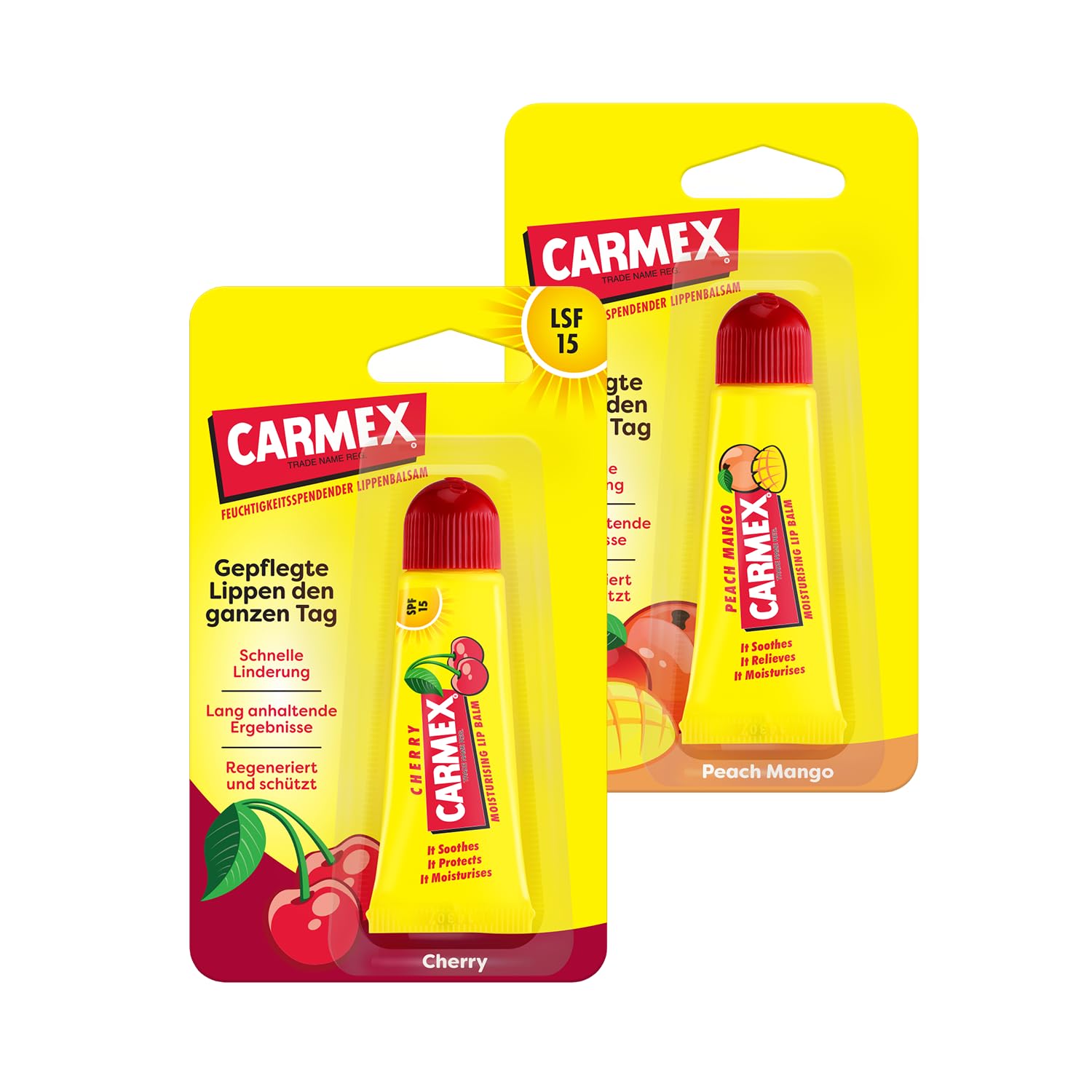 Generic Carmex Flavor Lip Care - Set of 2 - Cherry and Mango Tube - The Original Medical Lip Balm - Moisturizing, Protective and Soothing for Dry and Cracked Lips