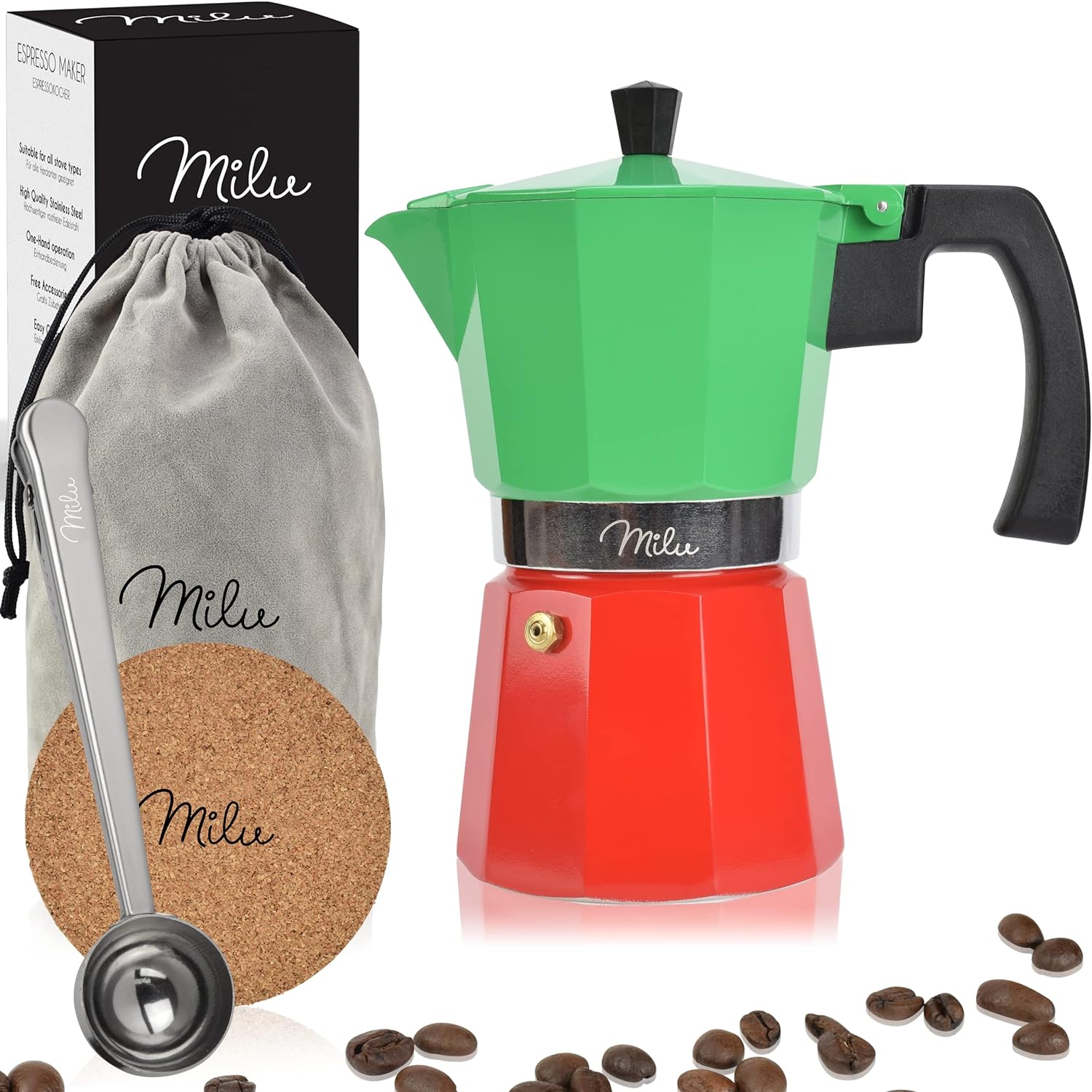 Milu Espresso Maker (No Induction) | 2, 3, 6, 9 cups | Aluminum Mocha Pot, Espresso Pot, Espresso Maker Set Including Coaster, Spoon, Brush (Italia, 6 Cups (300 ml)