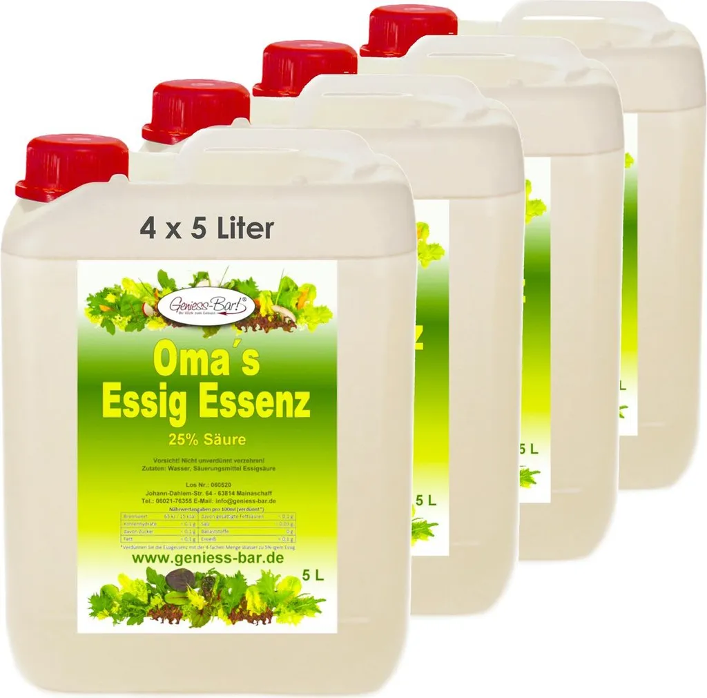 4x 5L Grandma's vinegar essence 25% acidity Our taste winner for the good kitchen & household / Descaling / Cleaning without chemicals with vinegar essence