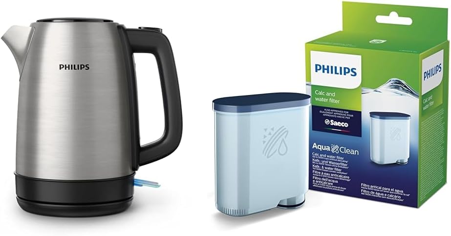 Philips Daily Collection Metal Kettle Spring Lid & Philips AquaClean Limescale Water Filter for Espresso Machine - For Kwaliteitskoffie & Intens Aroma