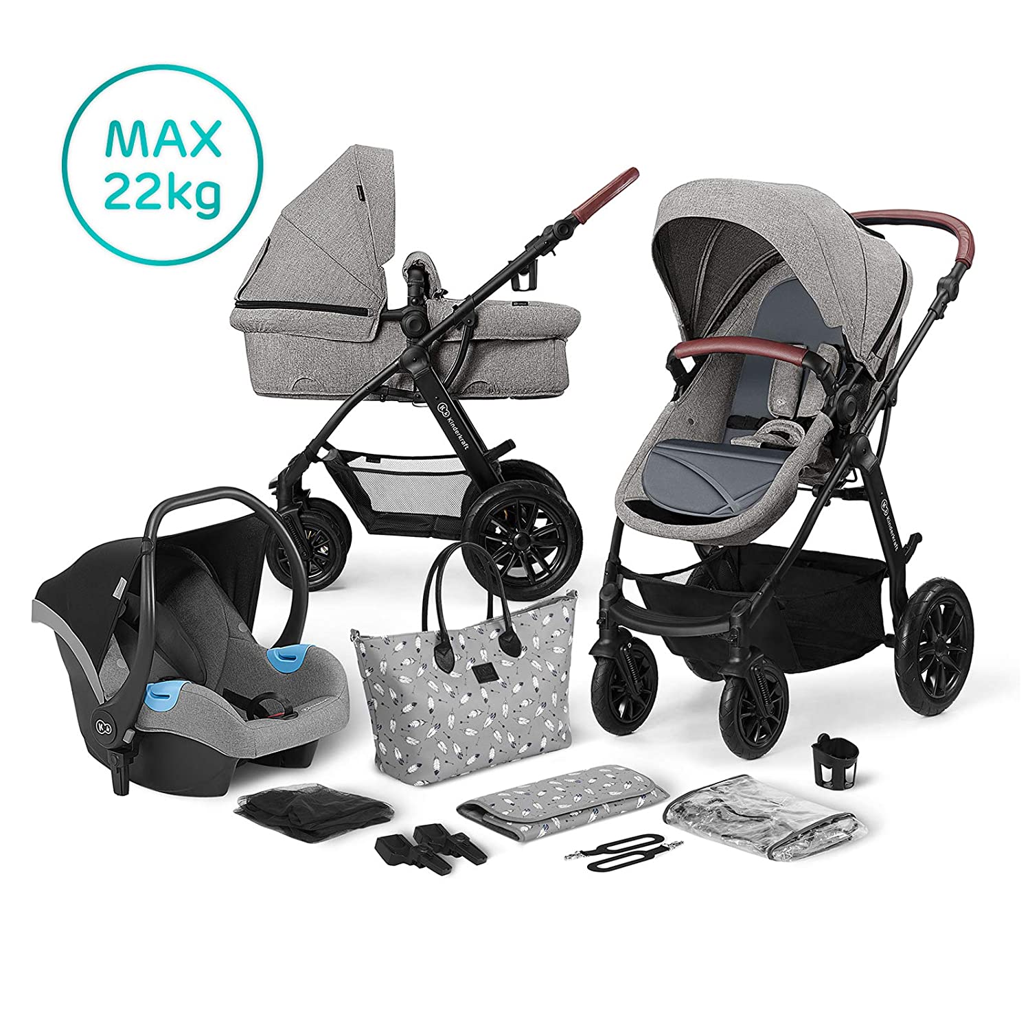Kinderkraft Pram 3-in-1 XMOOV Pushchair Set, Pushchair, Buggy and Carry Cot in One, Baby Seat, Rubber Wheels with Suspension, Folding, Accessories Set, Elegant Shopping Bag, Grey
