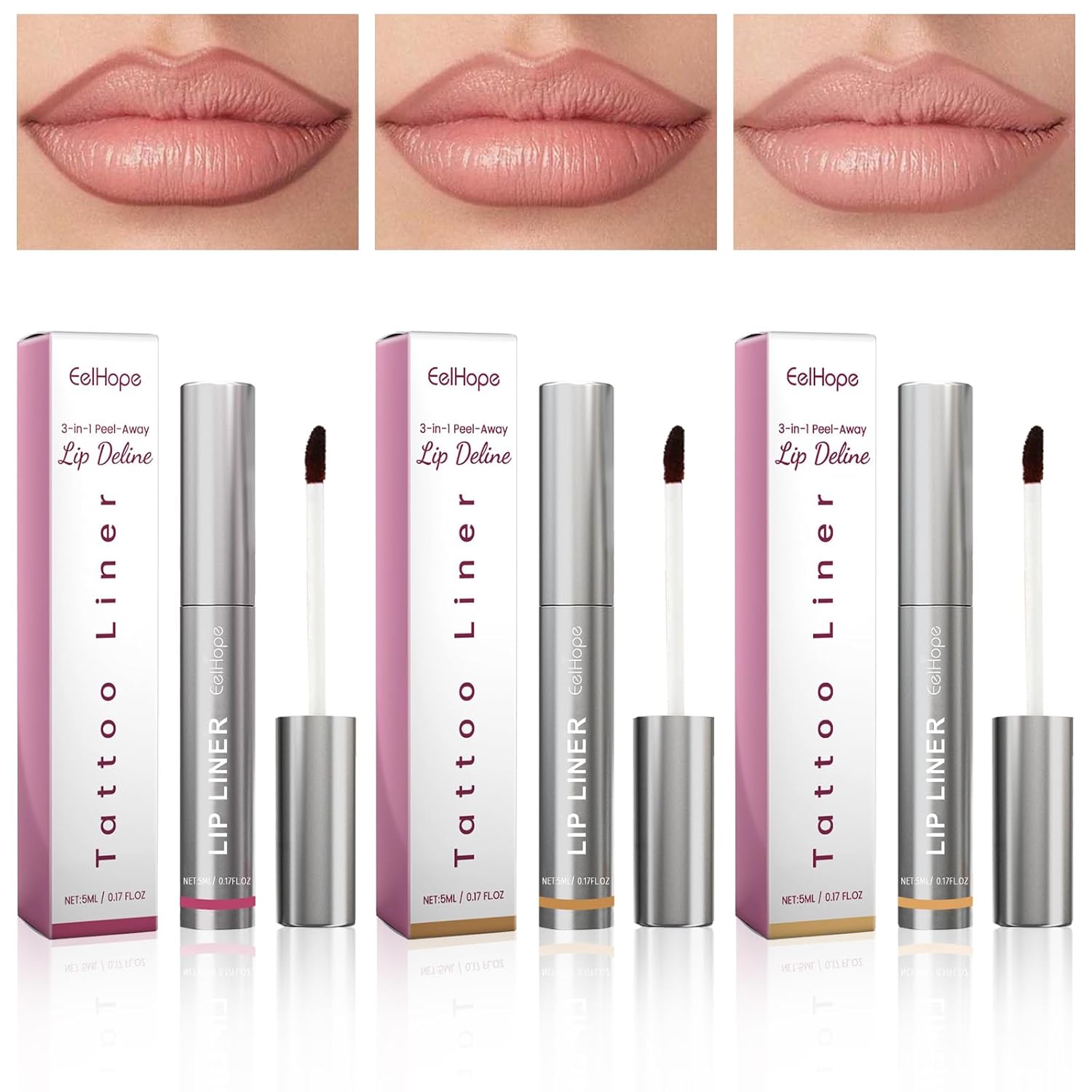 Pack of 3 Peel Off Lip Liner Stain, 3 Colors Matte Lip Stain Peel Off Waterproof Peel Off Lip Liner, Lip Tattoo Peel Off, Long-Lasting Lip Liner Tattoo Peel Off, for Use with Women