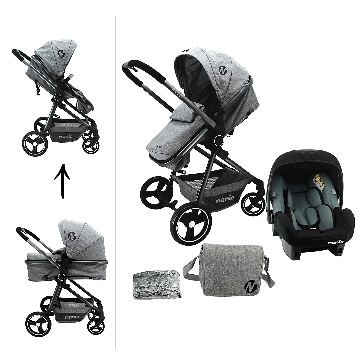 Giulia Combination Pushchair 3 in 1 – Beone Car Seat (Handle 0+) Recommended 4 Stars ADAC – Changing Bag + Rain Cover – Nania (Grey)