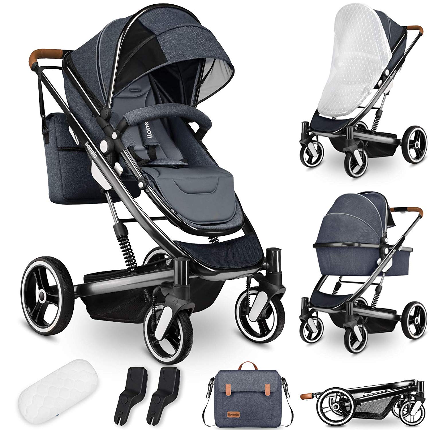 Lionelo Mari Pushchair 2 in 1 Combi Pram Set with Sporty Seat and Fixed Baby Bath Mattress Bag Mosquito Net Cover Universal Adaptor