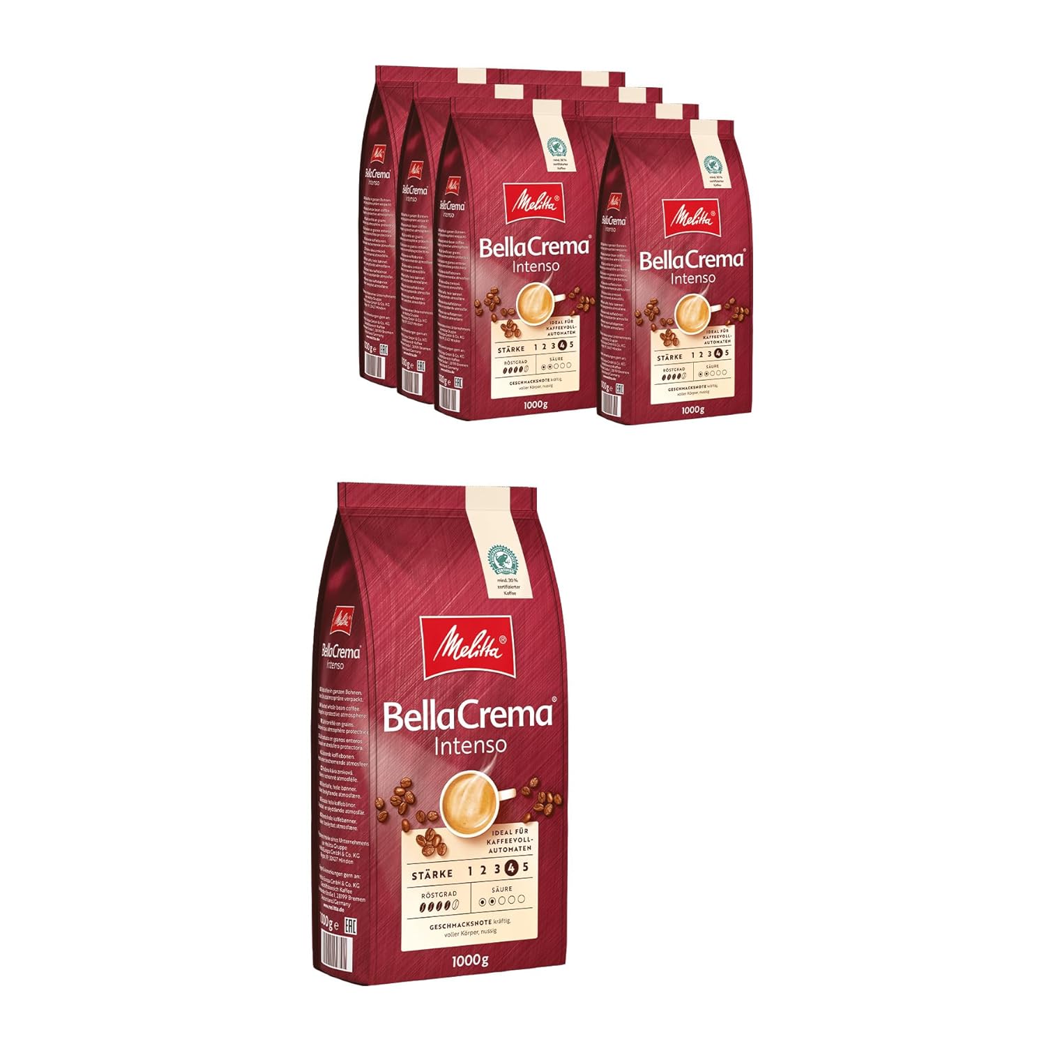 Melitta Bellacrema Intego Whole Coffee Beans 8 x 1 kg, unground, Coffee Beans for Fully Automatic Coffee, Strong Roasting, Roasted in Germany, Strength 4, in Tray
