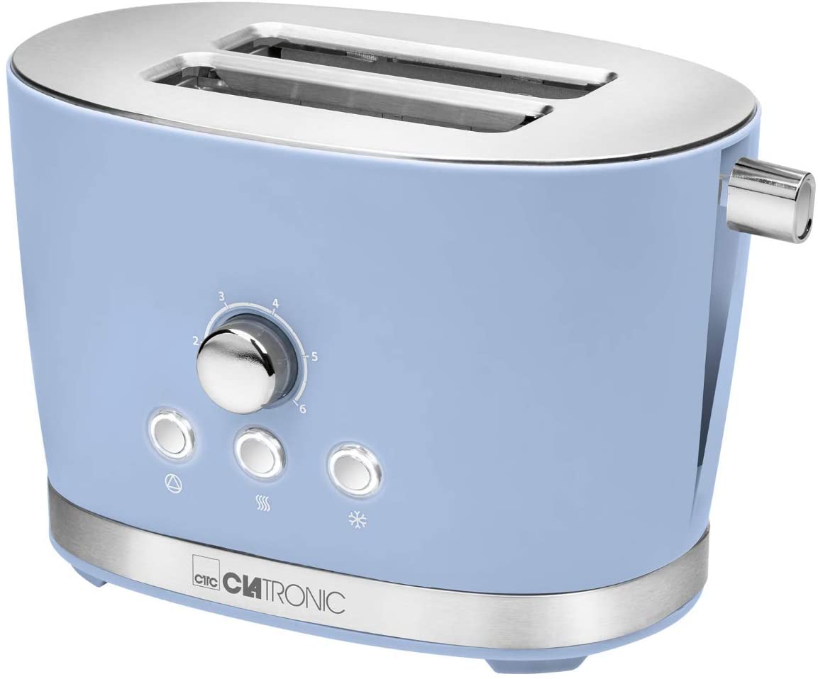 Clatronic TA 3690 Rock\'n\'Retro 2-Slice Toaster with Bun Attachment, Crumb Drawer, Defrosting Function, Warm-Up Function, Quick Stop Function, Blue