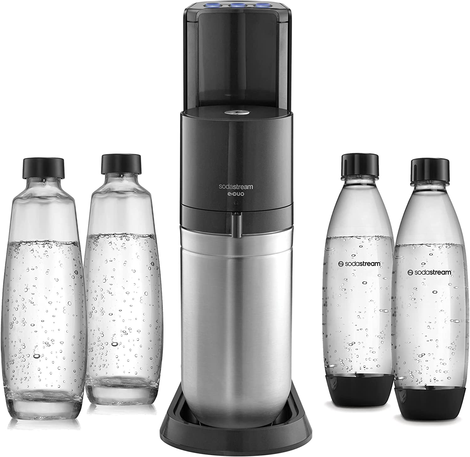 Sodastream E-duo Electric Water Carbonator With Co2 Cylinder, Glass Bottle and 2 x 1 Litre Dishwasher-Safe Plastic Bottles, Height: 44 cm, Color: Titanium