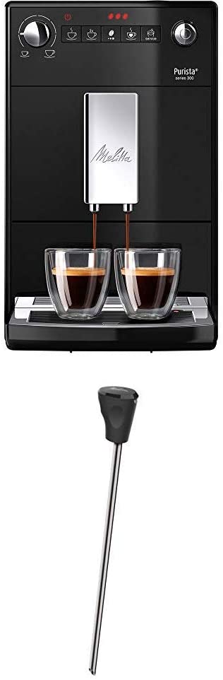 Melitta Purista F 230-102 Fully Automatic Coffee Machine with Whisper-Quiet Conical Grinder (Direct Selection Button, 2 Cup Function, 20 cm Width) Black + Milk Lance for Fully Automatic Coffee Machines, Stainless Steel, Black