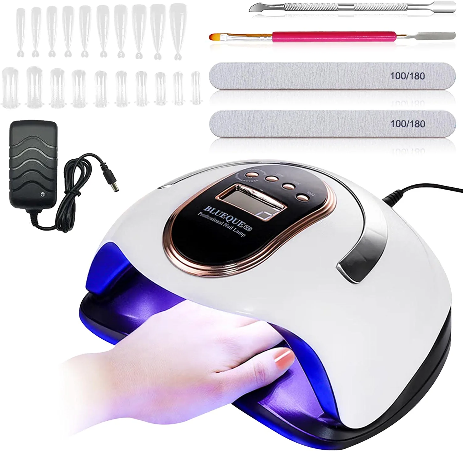 168 W LED UV Lamp for Nails, Amlope Nail Dryer for All Gel Nails, 10/30/60/99s Timer Settings, Infrared Sensor, Removable Magnetic Base Plate, LCD Display, with Nail Tips, Nail Files