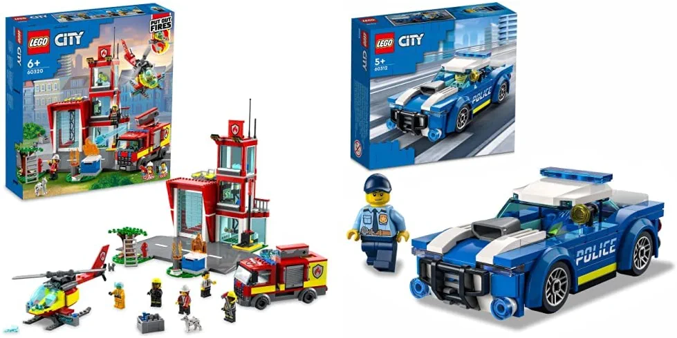 LEGO 60320 City Fire Station Fire Engine Toy for Children from 6 Years with Garage, Fire Engine and Helicopter, Fire Station & 60312 City Police Car, Police Toy from 5 Years