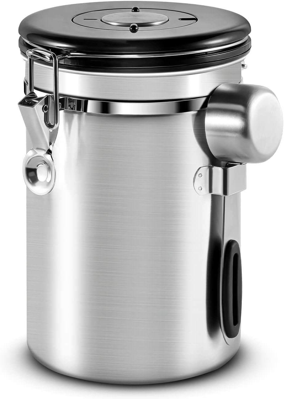 Leaf House 1.8 Liter Coffee Canister Airtight Coffee Container - Stainless Steel Coffee Storage for Beans, Sound, Tea, Sugar (Argent)