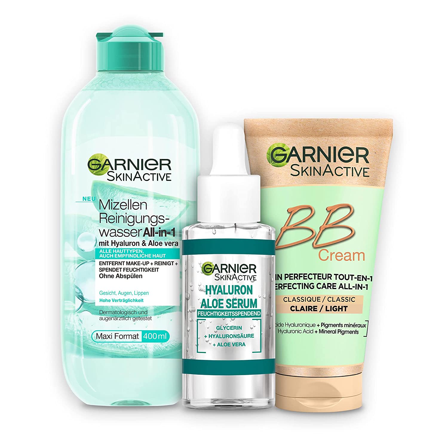 Garnier Face Care Set with Micellar Cleansing Water, Hyaluronic Aloe Serum and BB Cream, for a Radiant Complexion, Skin Active, 3 Pieces, cream coffret ‎bb