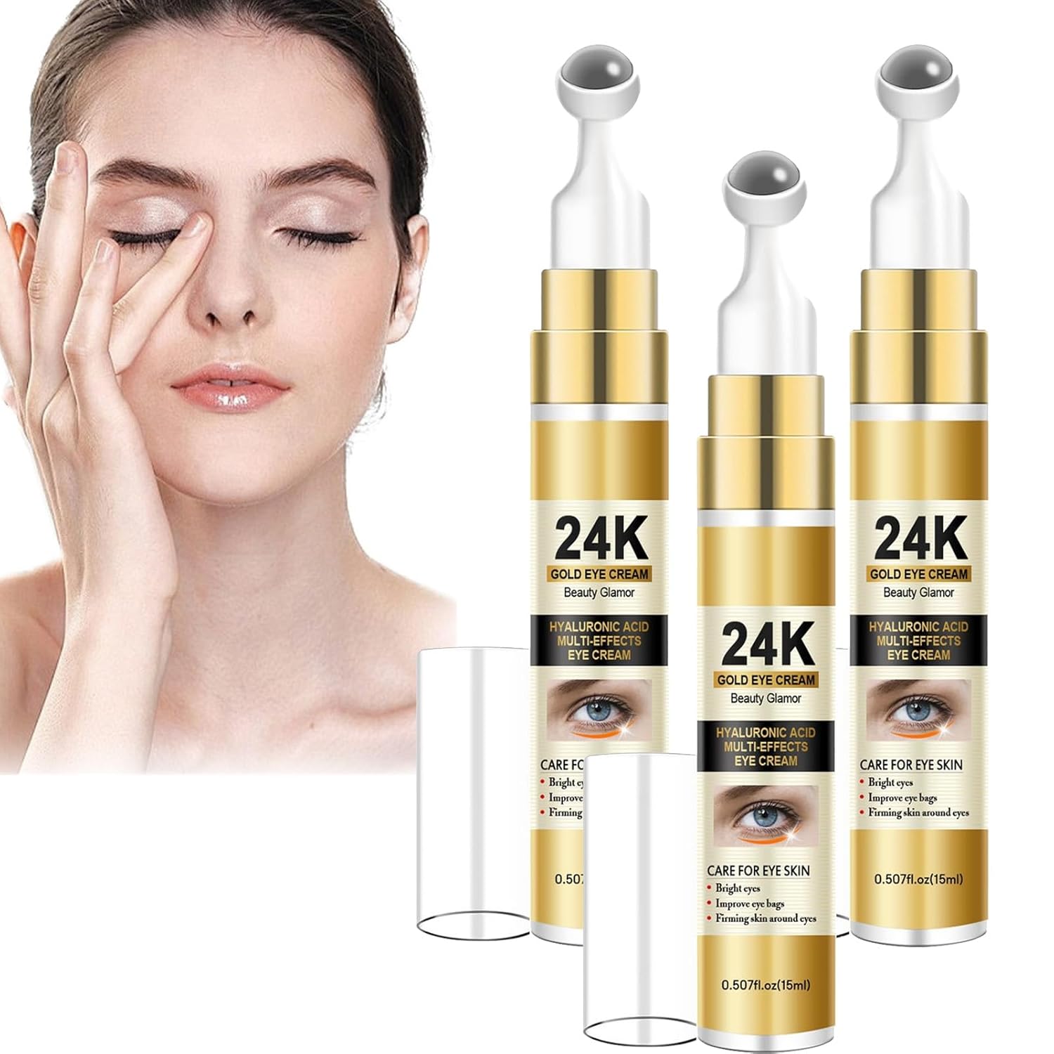 24K Gold Eye Cream, Anti-Ageing, Reduce Wrinkles, Dark Circles & Puffiness, Eye Cream for Wrinkle Repair and Skin Tone Evenly, Sensitive Eye Area Care (3 Pieces, 15 ml)