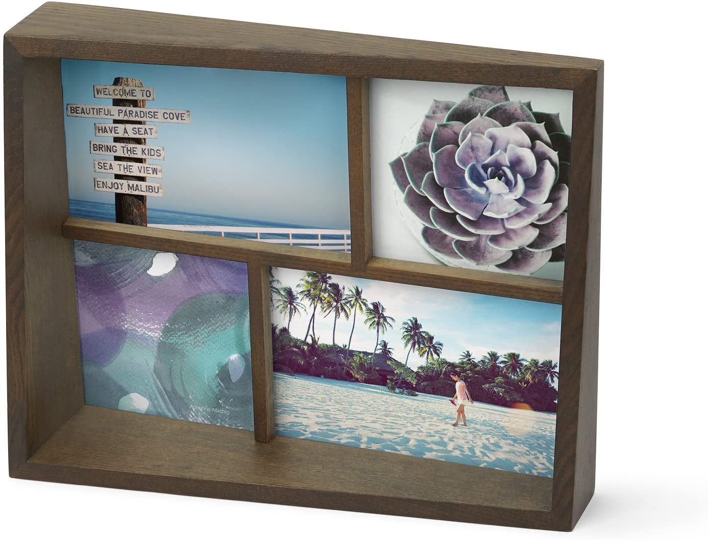 Umbra Edge Collage Photo Frame for 4 Photos, Pictures, Art Prints, Illustrations, Graphics and More - Modern Wall and Table Multi Photo Frame Made of Ash Wood, Antique Walnut