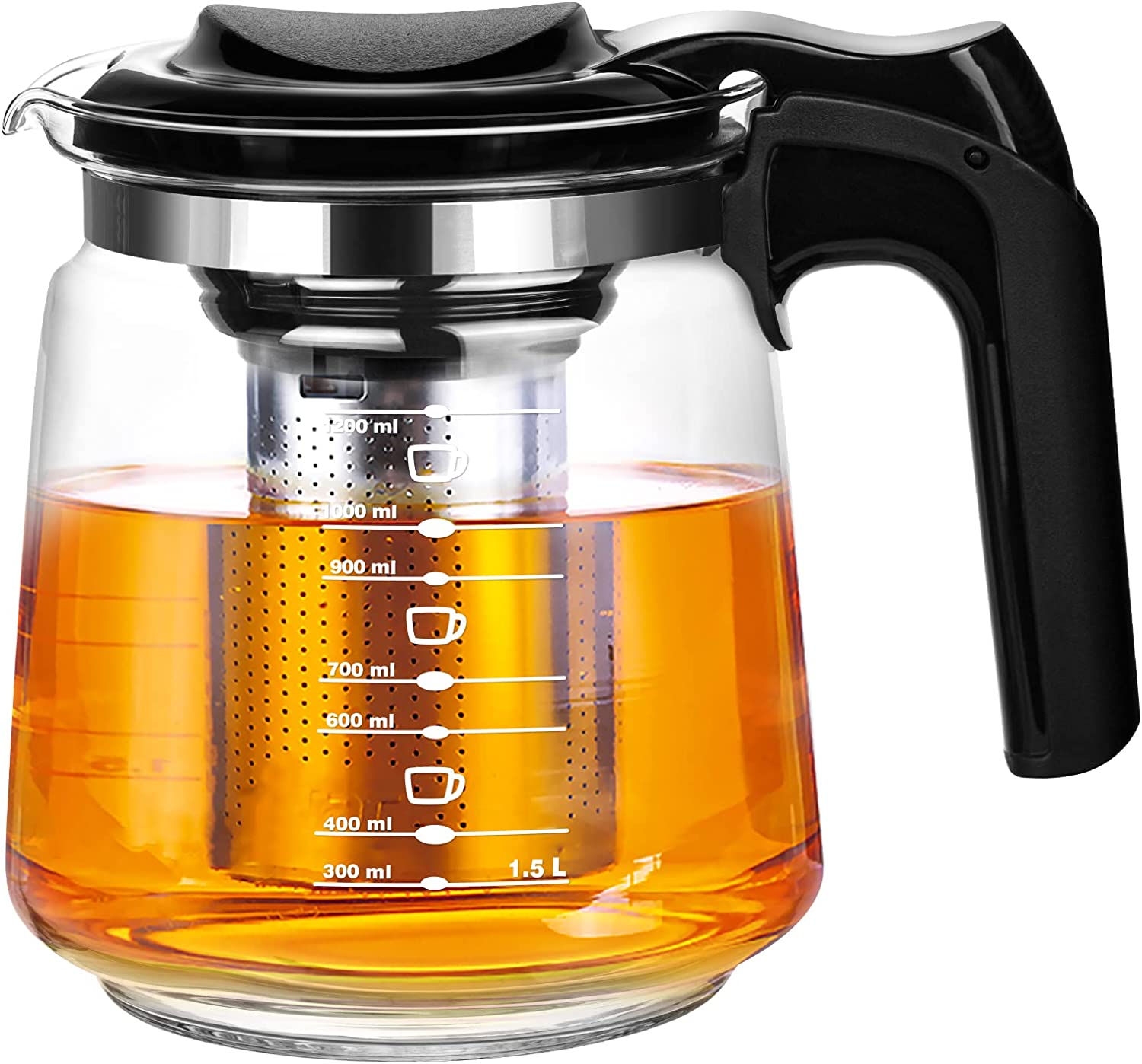 t24 Glass Teapot with Strainer Attachment, Heat-Resistant, Removable Stainless Steel Filter, Tea Strainer (1500 ml)
