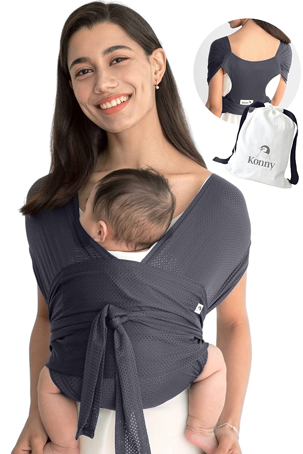 Konny Air Mesh Baby Carrier | Ultra Light, Easy Baby Wrap | Newborns, Infants up to 20 kg Toddlers | Cool and Breathable Fabric | Useful Sleep Solution (Anthracite, M)